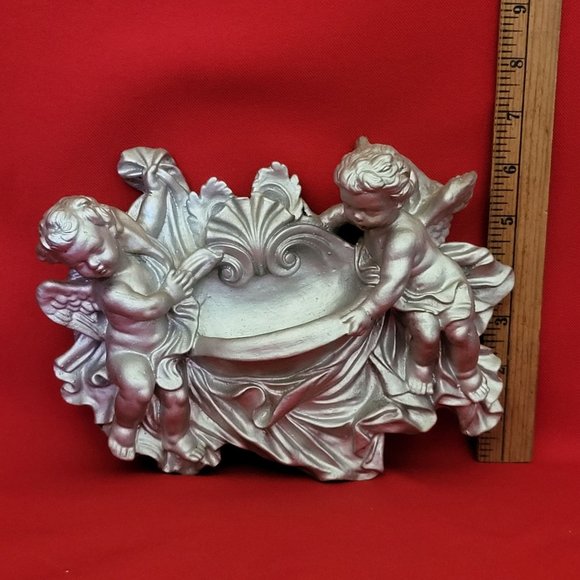 VTG Silver Tone Angel Cherub Wall Hanging Pocket Plaque Planter - Picture 9 of 12